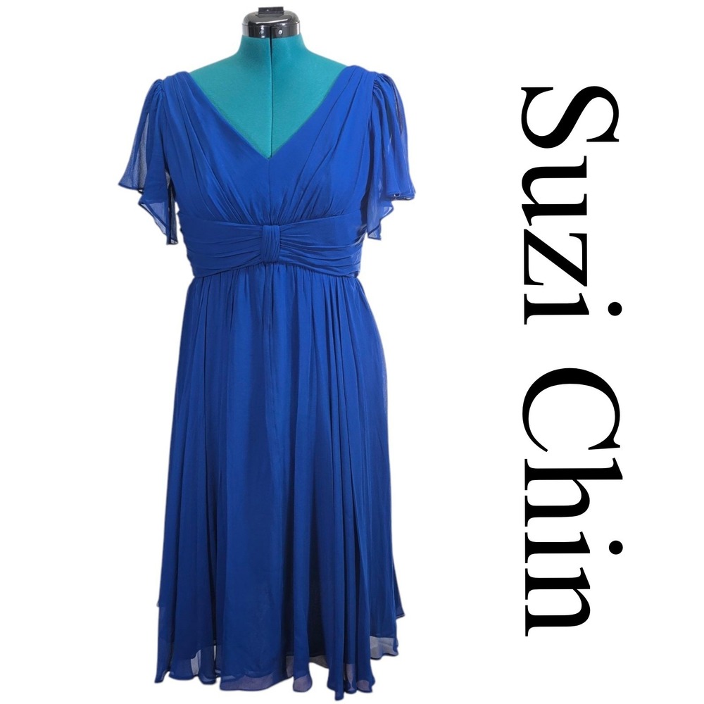 Suzi Chin Maggy Boutique‎ Dress 8 Royal Blue 100% Silk Empire V-Neck Party Derby